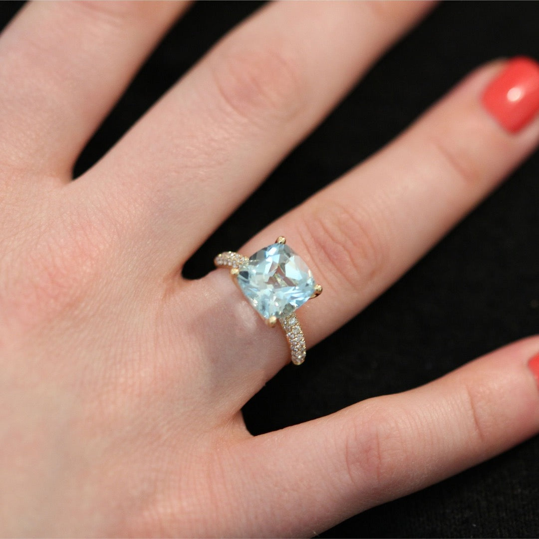 Kiki Cushion Blue Topaz and Diamond Band Ring