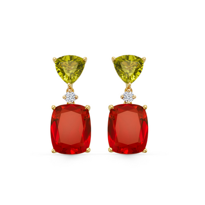Special Editions Fire Opal Cushion, Peridot and Diamond Earrings