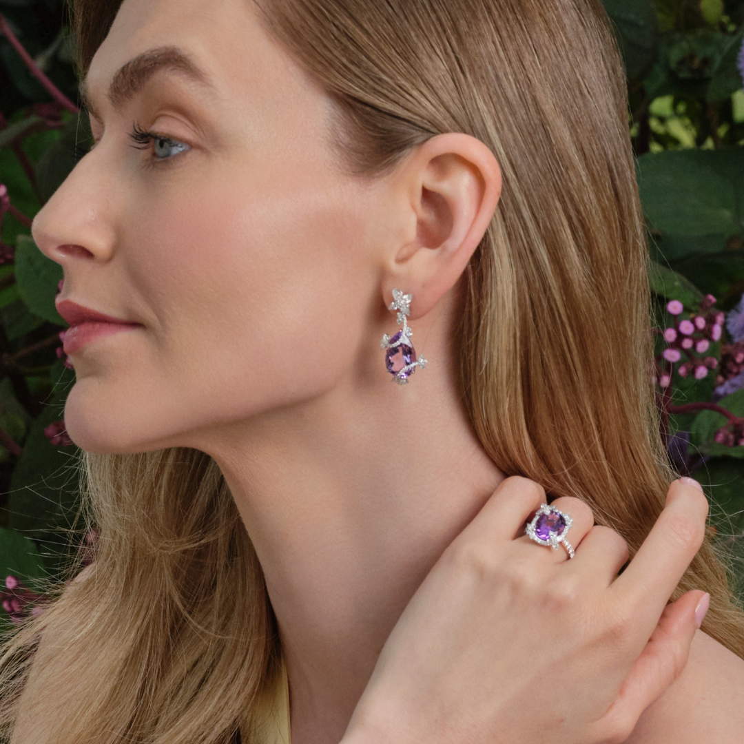 Thorns & Roses Pear Lavender Amethyst and Diamond Vine Wrap Earrings