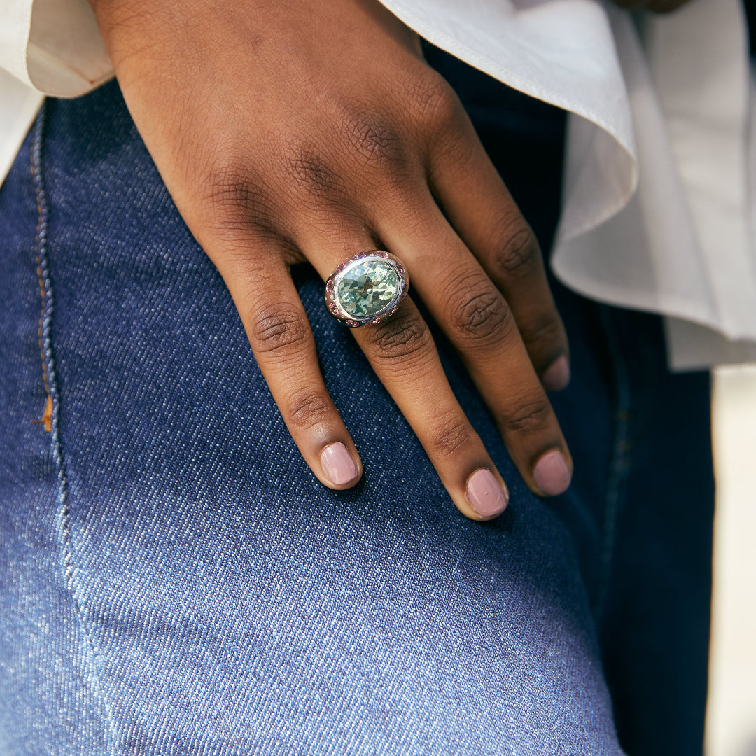 Jazz Oval Green Tourmaline, Pink Tourmaline and Diamond Detail Ring