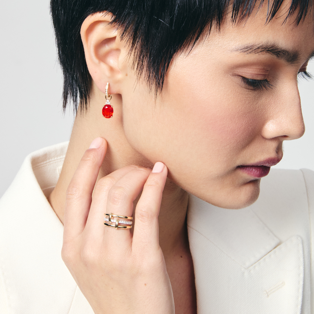 Fire Opal and Diamond Oval Detachable Drops