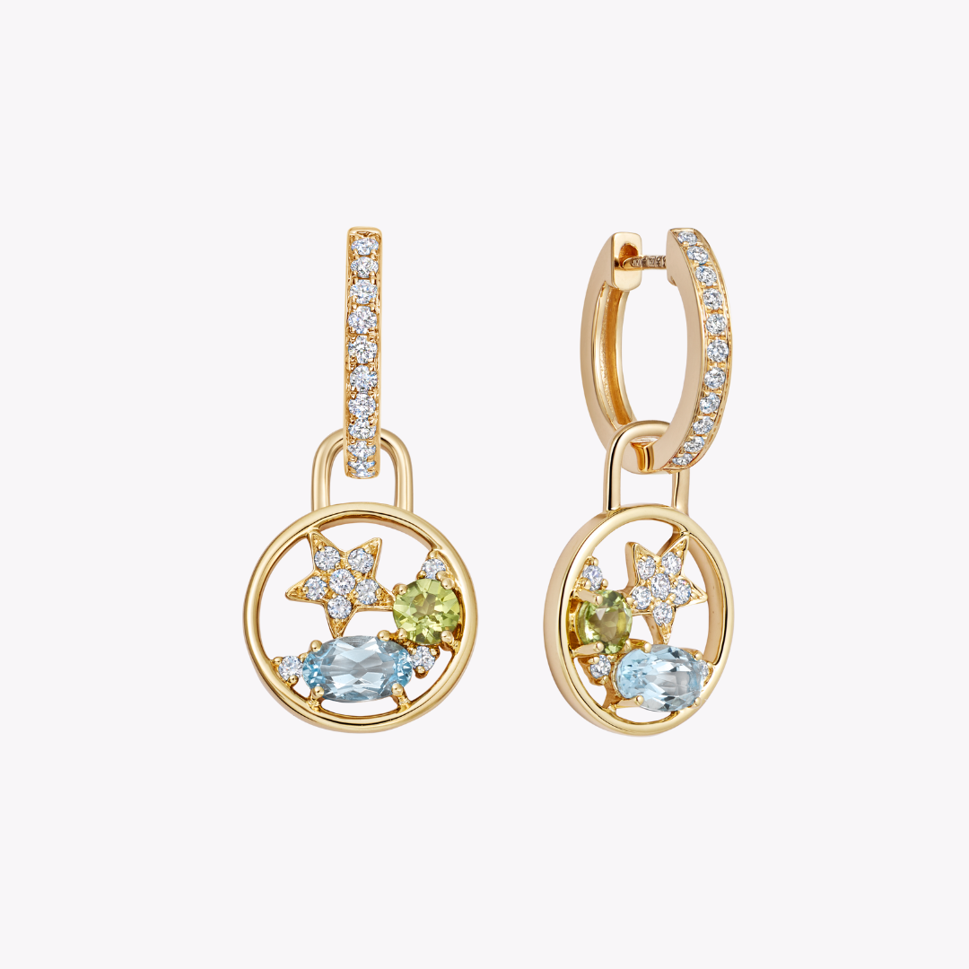 Fireworks Blue Topaz, Peridot and Diamond Cluster Drops