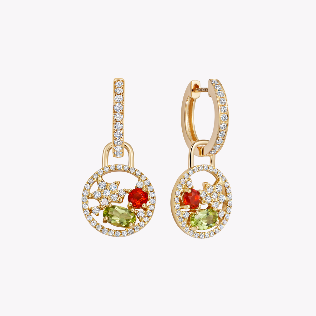 Fireworks Peridot, Fire Opal and Diamond Surround Cluster Drops