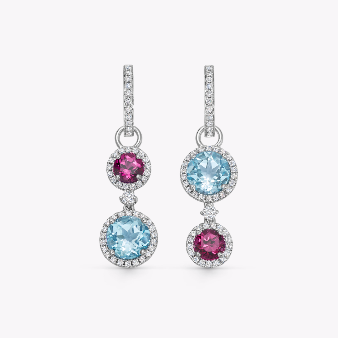 Blue Topaz, Rhodolite Garnet and Diamond Surround Mismatched Detachable Drops