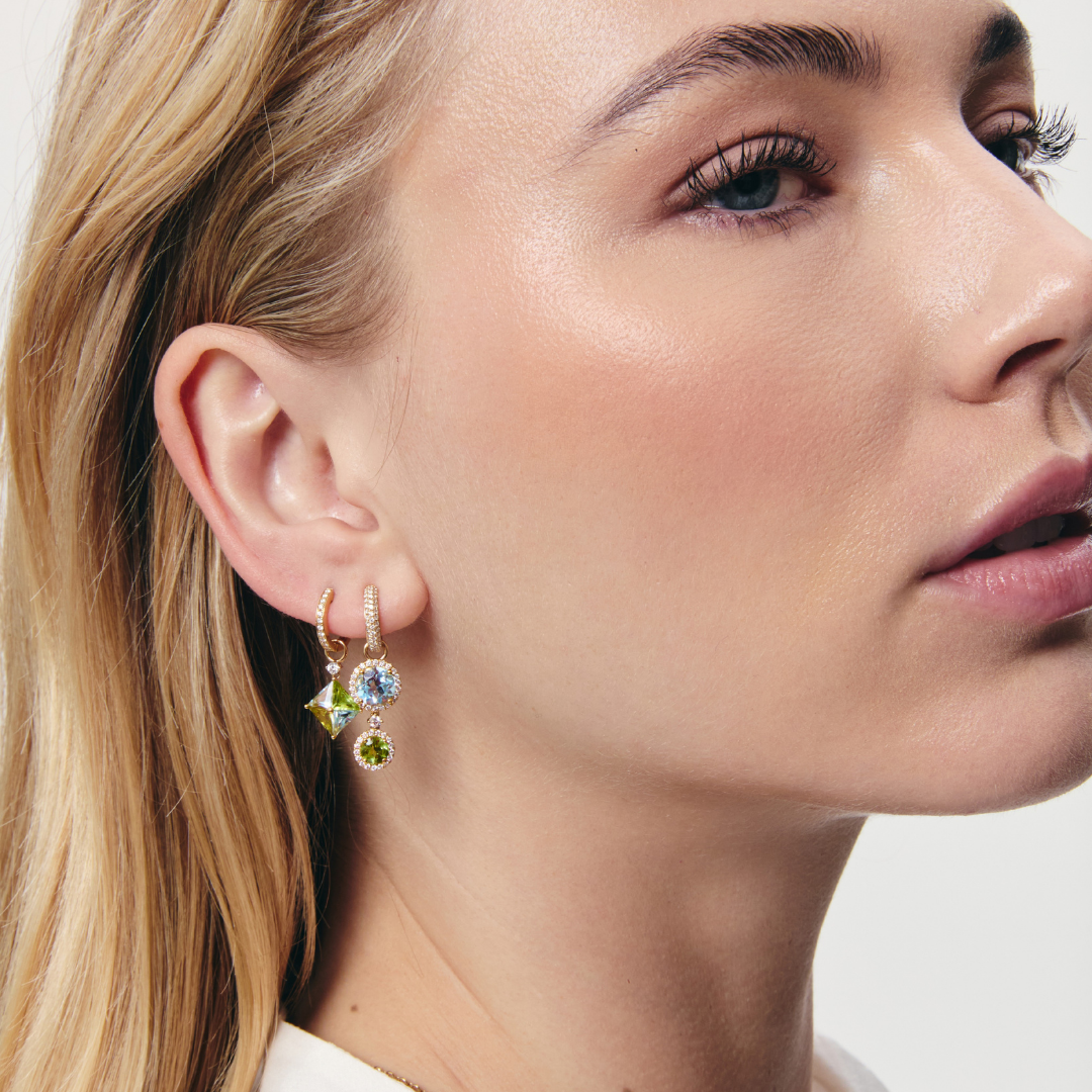 Blue Topaz, Peridot and Diamond Surround Mismatched Detachable Drops