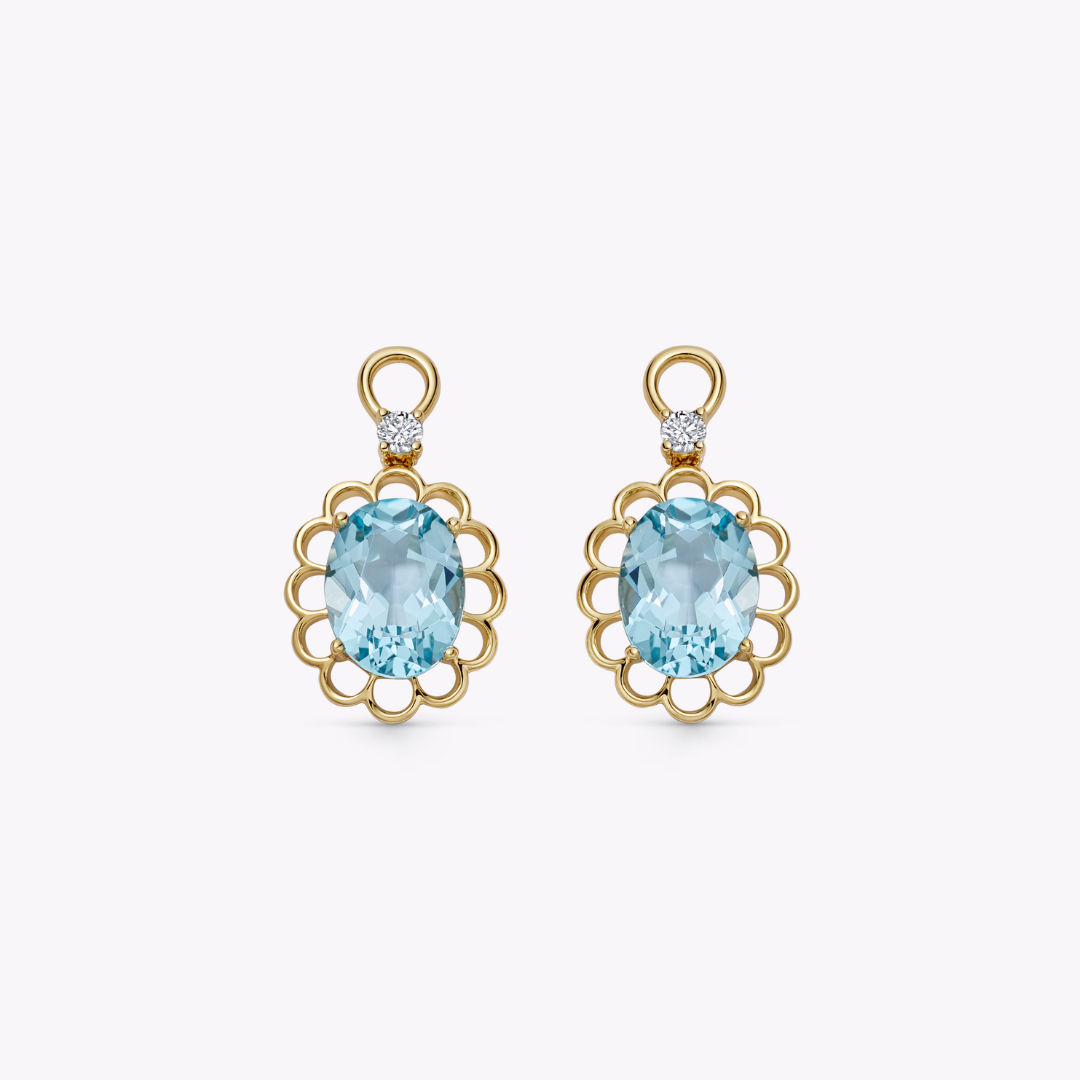 Oval Blue Topaz and Gold Scallop Frame Detachable Drops
