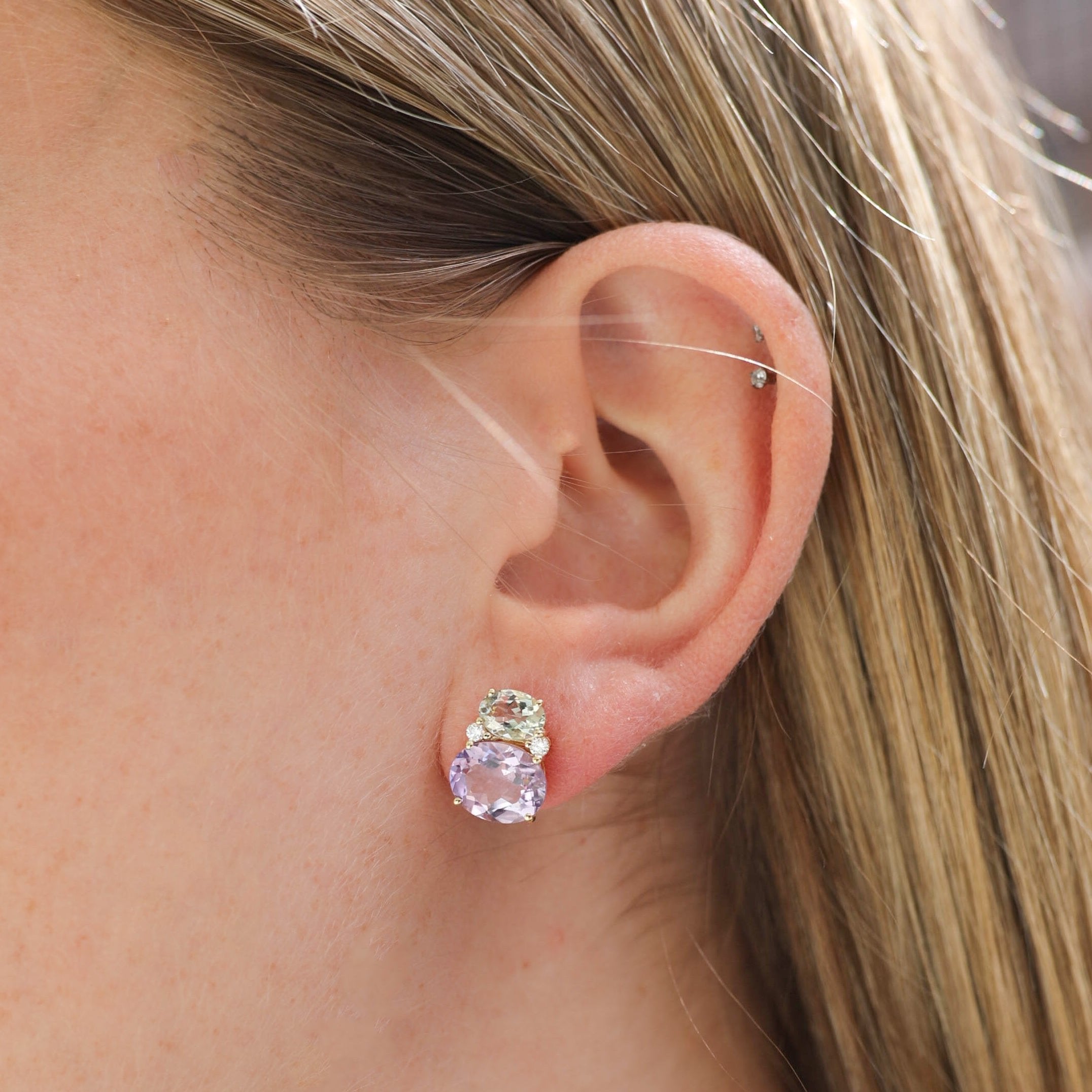 Kiki Classics Lavender Amethyst, Green Amethyst and Diamond Double Oval Studs