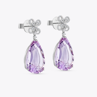Special Editions Pear Lavender Amethyst and Diamond Flower Top Earrings 18ct White Gold