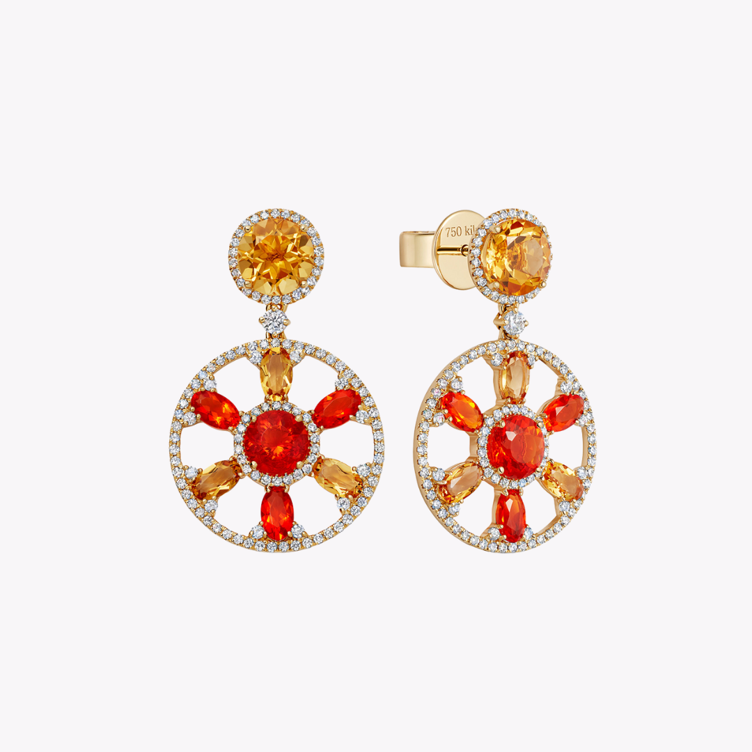 Fireworks Citrine, Fire Opal and Diamond Round Sparkler Earrings