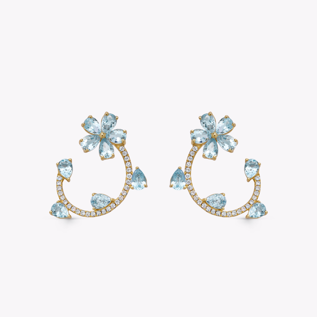 Petals Blue Topaz and Diamond Curl Earrings