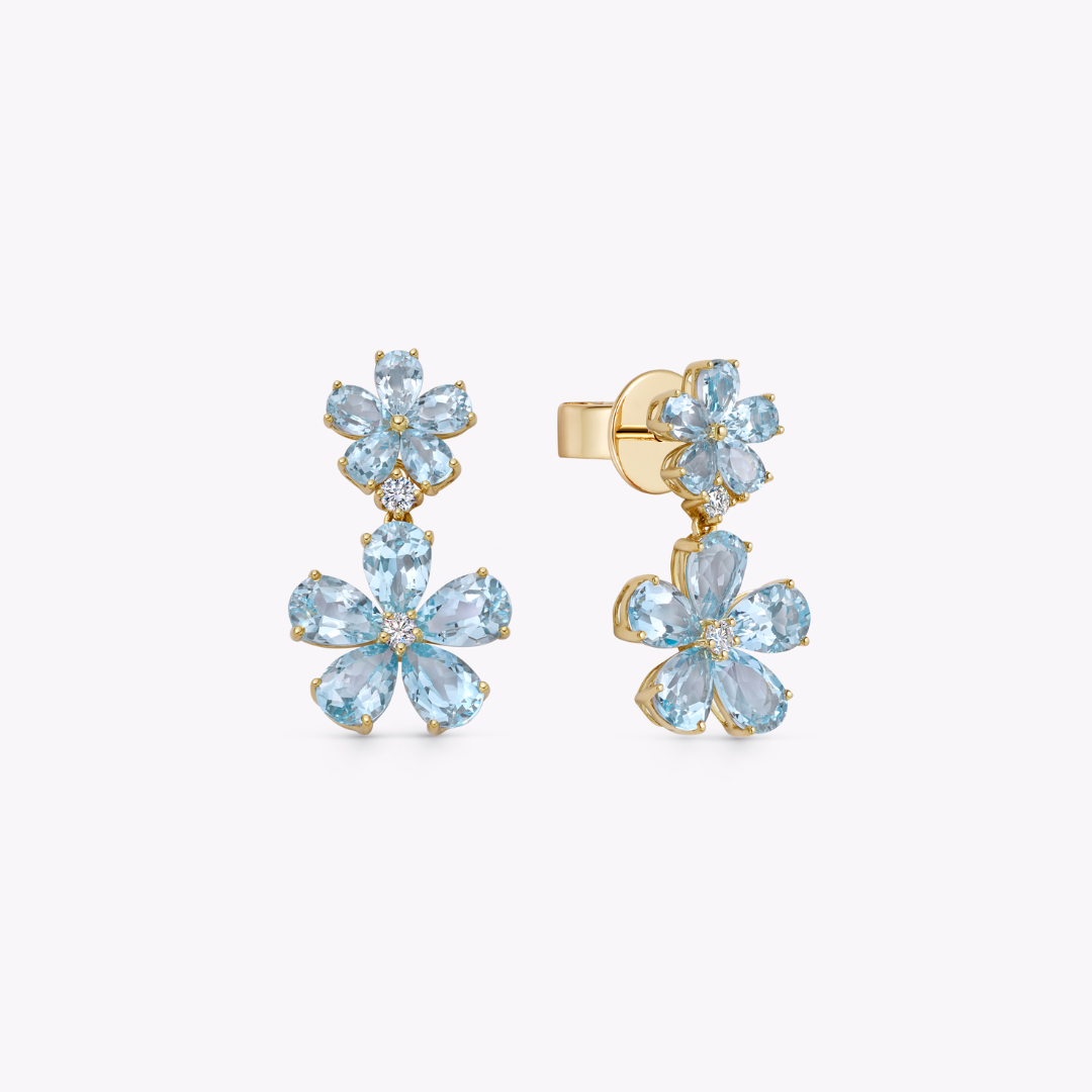 Petals Double Flower Blue Topaz and Diamond Earrings