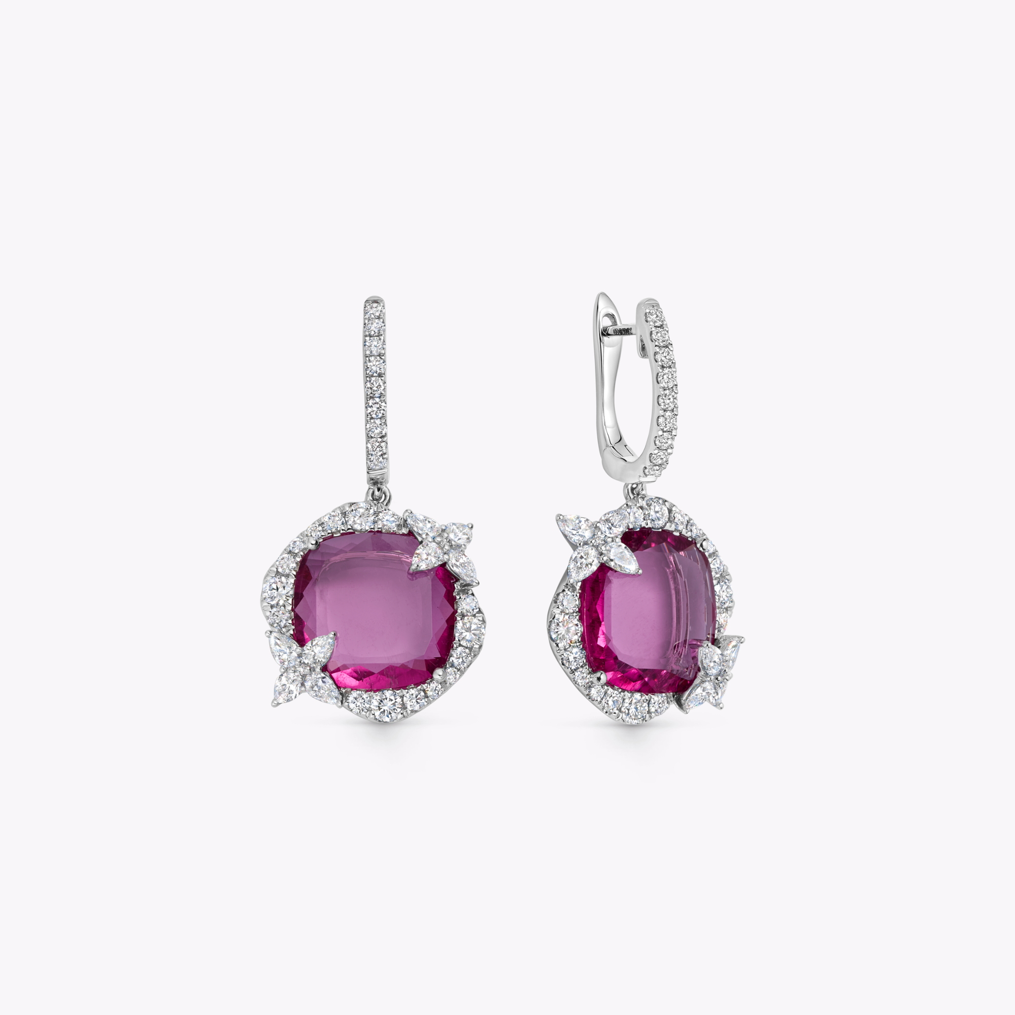 Thorns & Roses Cushion Rubellite and Diamond Hoop Earrings