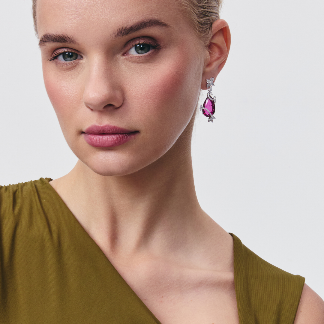 Thorns & Roses Pear Rubellite and Diamond Vine Wrap Earrings