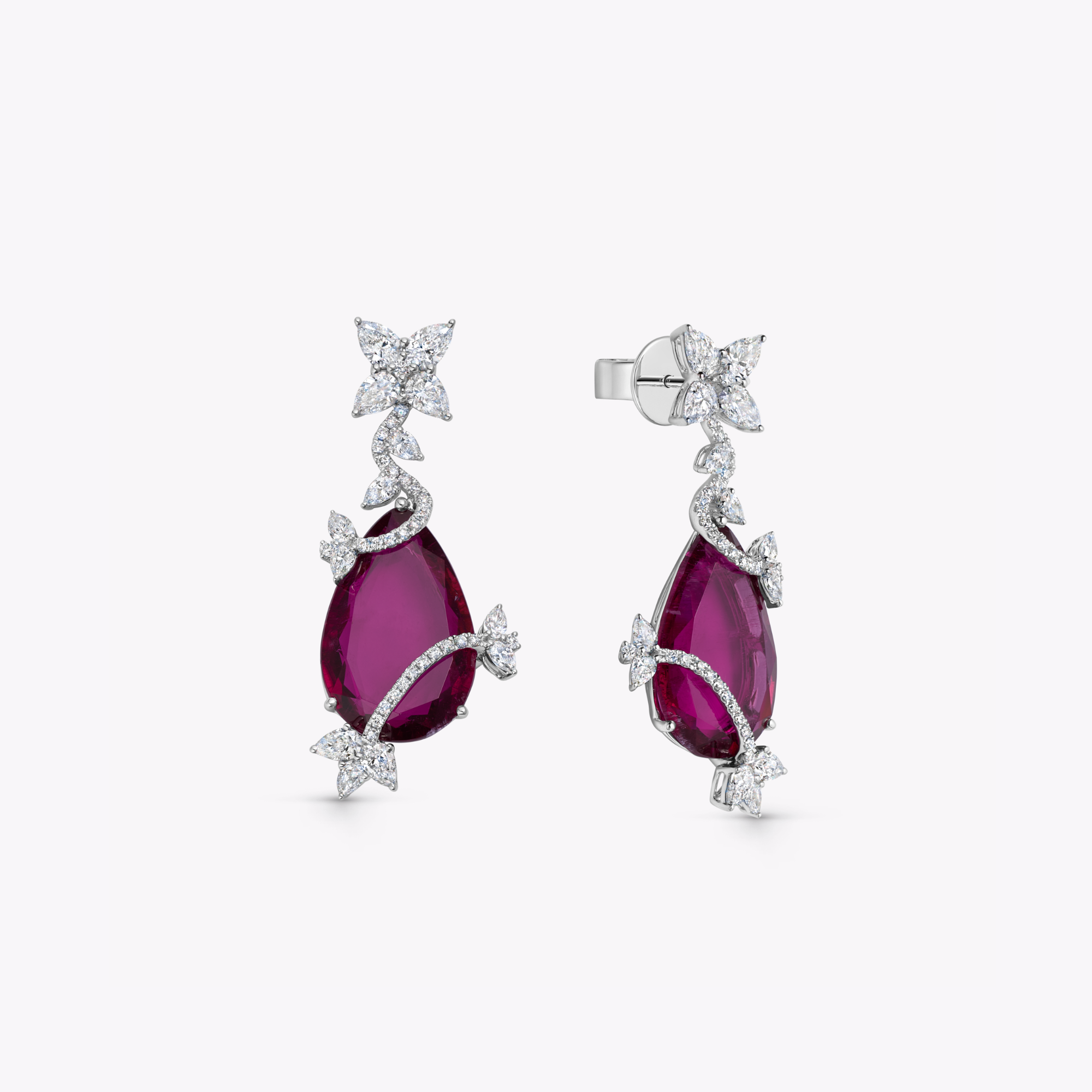 Thorns & Roses Pear Rubellite and Diamond Vine Wrap Earrings