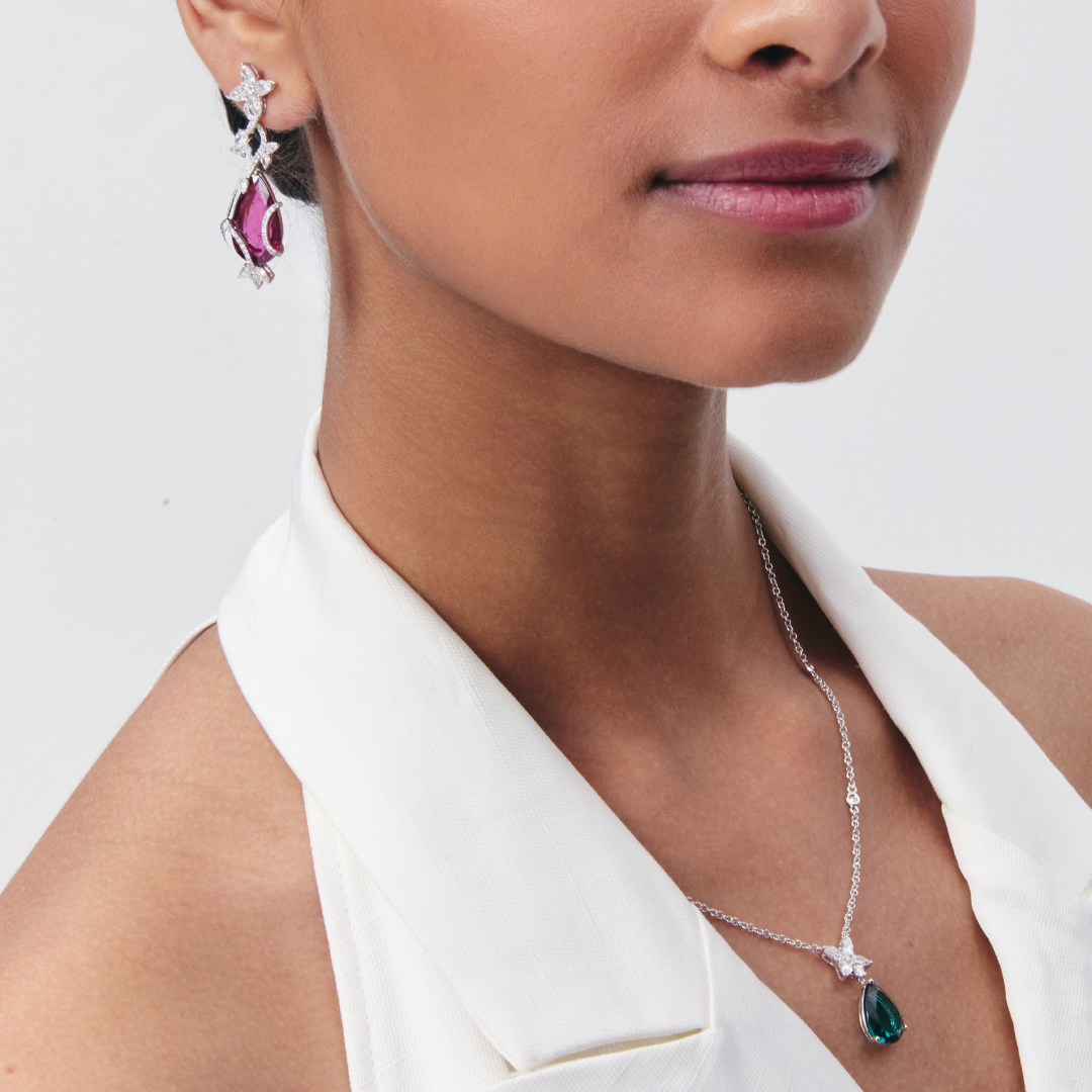Thorns & Roses Pear Rubellite and Diamond Double Vine Wrap Earrings
