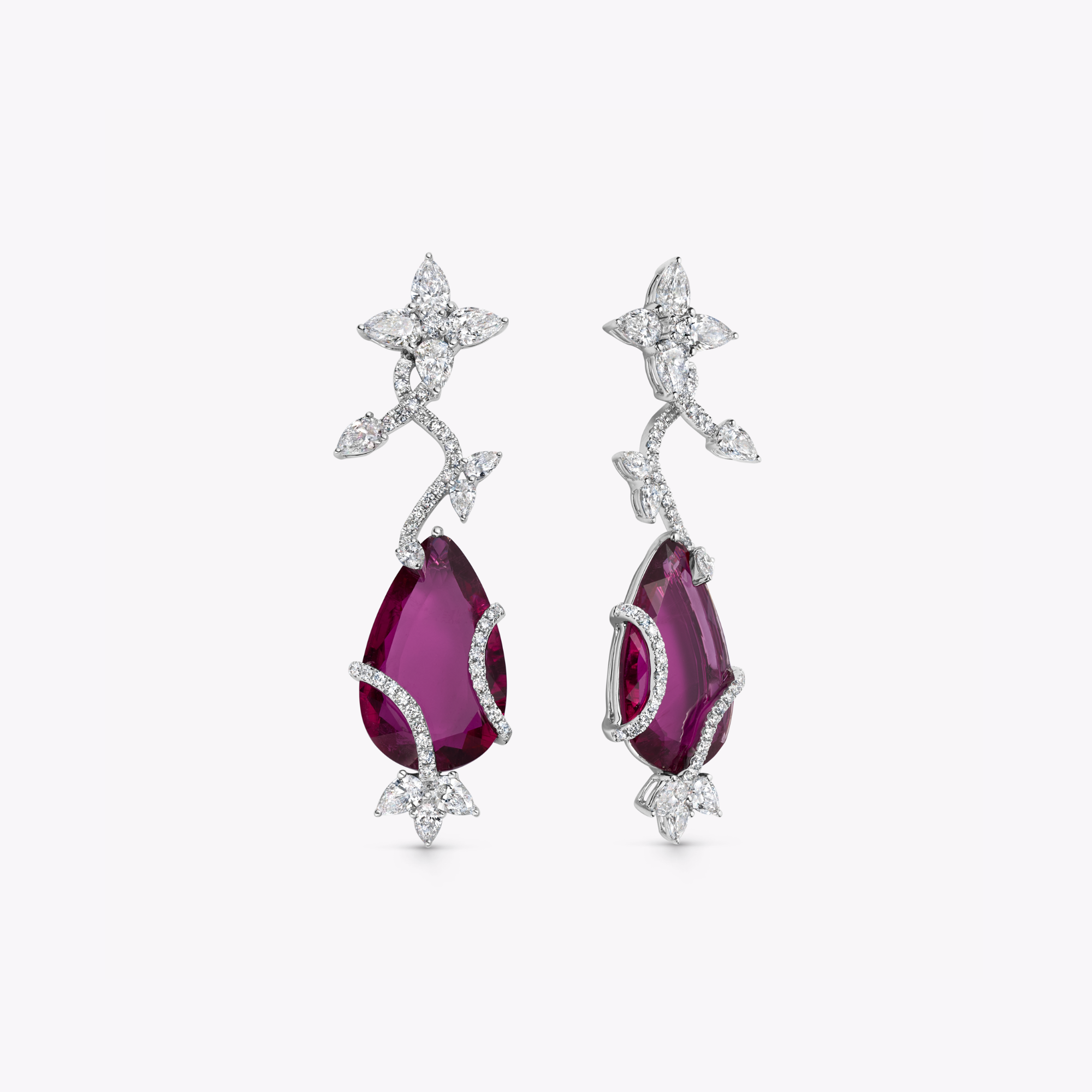 Thorns & Roses Pear Rubellite and Diamond Double Vine Wrap Earrings
