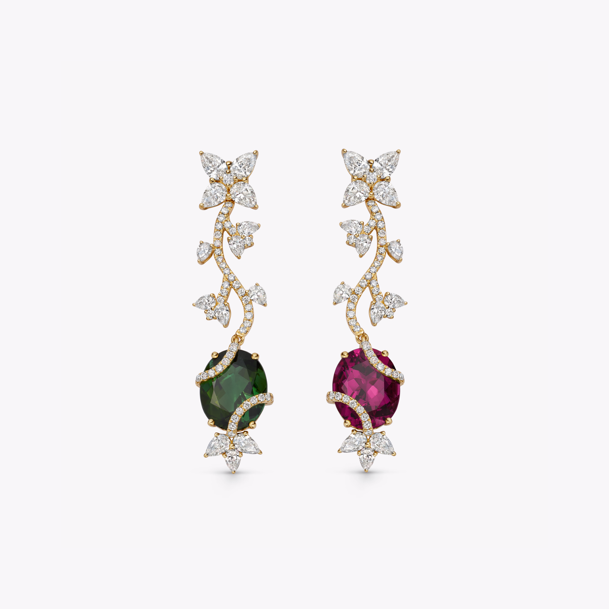 Thorns & Roses Pink and Green Tourmaline and Diamond Vine Earrings