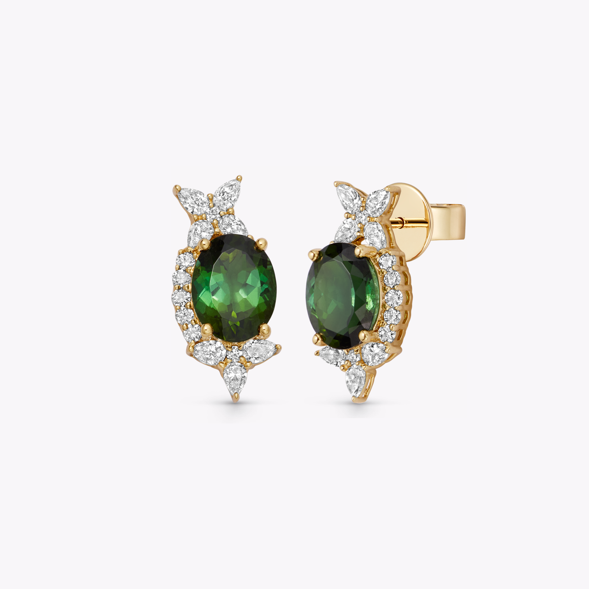 Thorns & Roses Oval Green Tourmaline and Diamond Stud Earrings