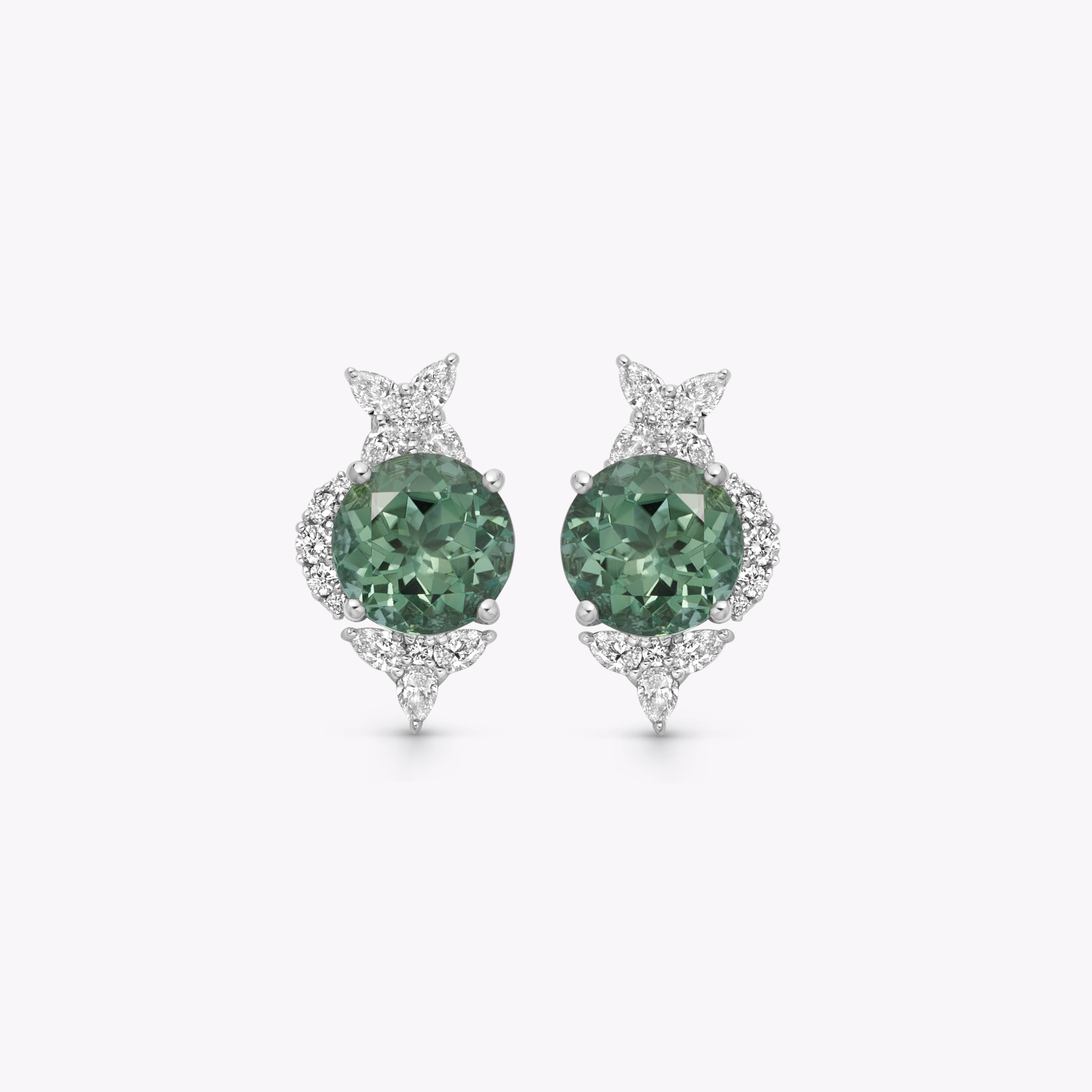Thorns & Roses Round Green Tourmaline and Diamond Stud Earrings