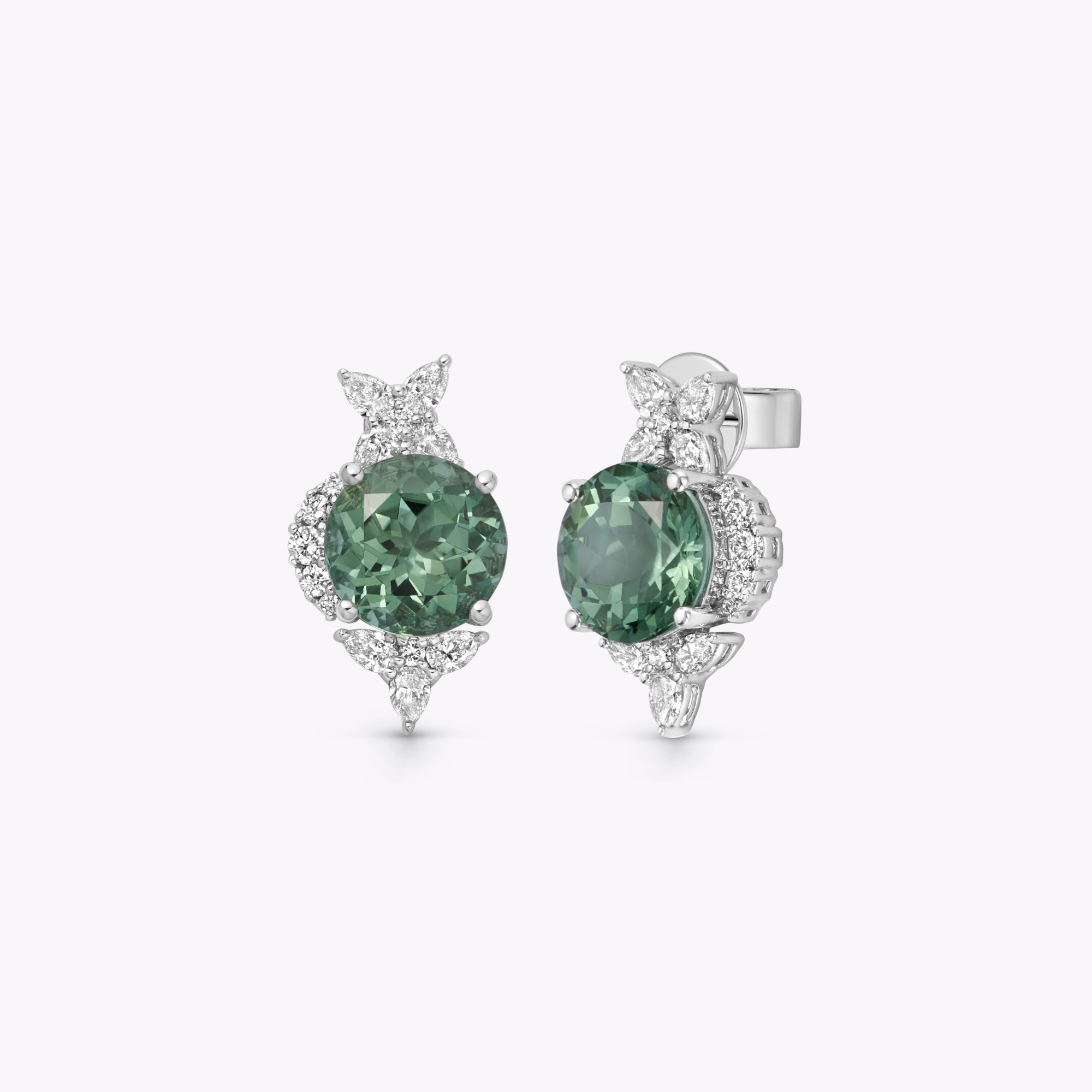 Thorns & Roses Round Green Tourmaline and Diamond Stud Earrings
