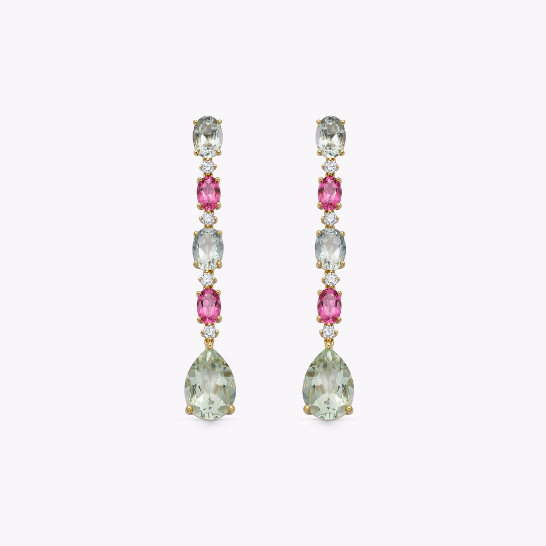 Special Editions Pink Topaz, Green Amethyst and Diamond Drop Earrings