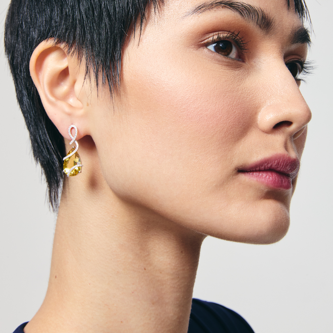 Yellow Beryl and Diamond Curl Earrings