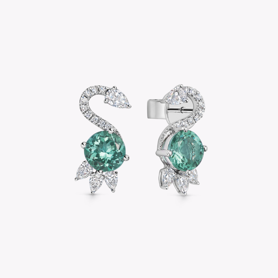 Wings Over Water Round Dark Green Tourmaline and Diamond Cygnet Stud Earrings