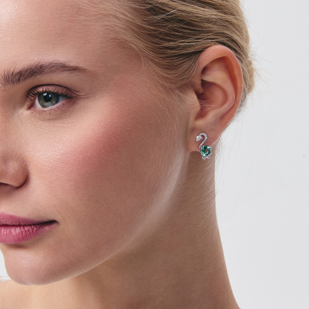Wings Over Water Round Dark Green Tourmaline and Diamond Cygnet Stud Earrings
