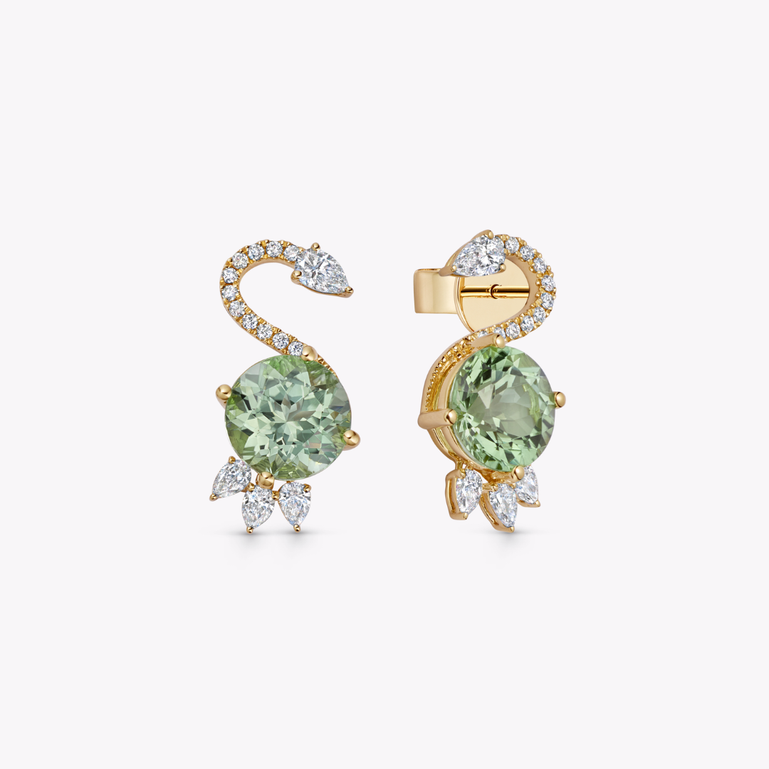 Wings Over Water Round Light Green Tourmaline and Diamond Cygnet Stud Earrings