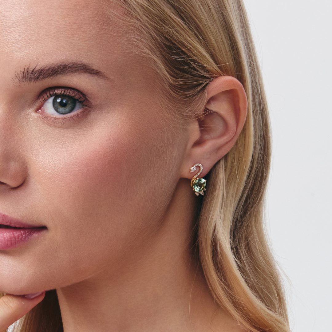 Wings Over Water Round Light Green Tourmaline and Diamond Cygnet Stud Earrings