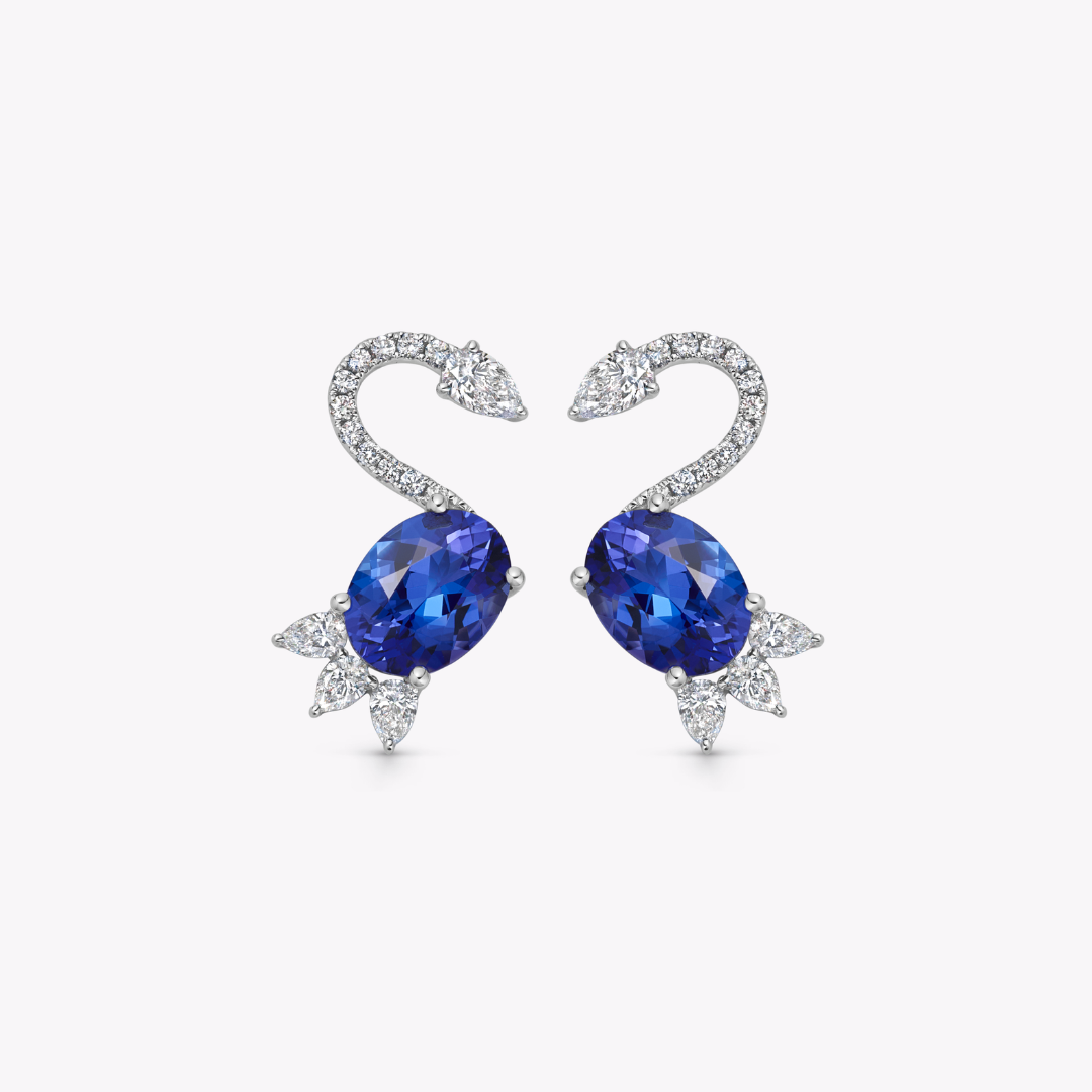 Wings Over Water Oval Tanzanite and Diamond Cygnet Stud Earrings