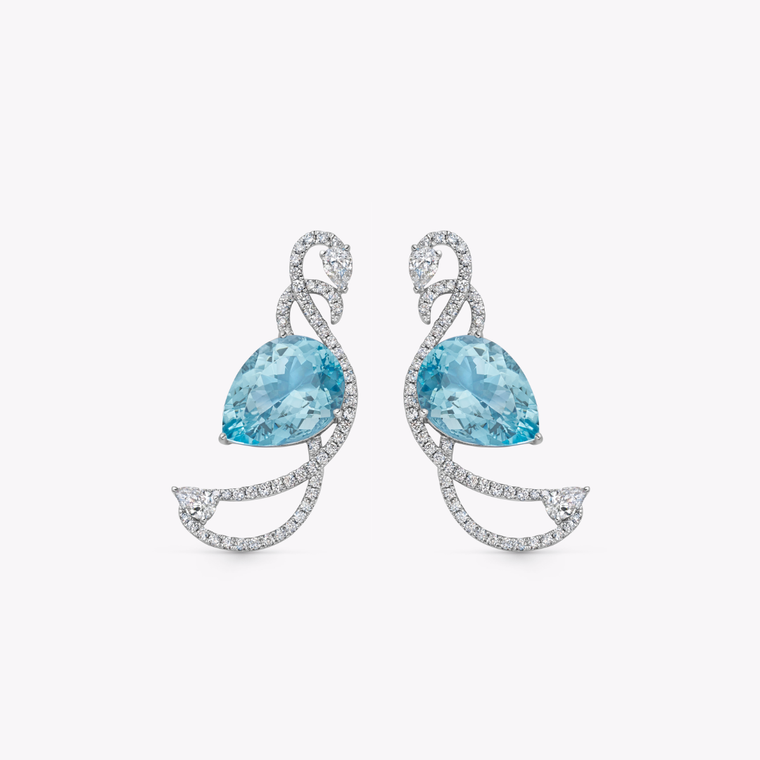 Wings Over Water Pear Aquamarine and Diamond Gliding Swan Earrings