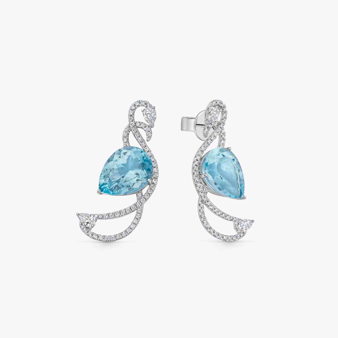 Wings Over Water Pear Aquamarine and Diamond Gliding Swan Earrings
