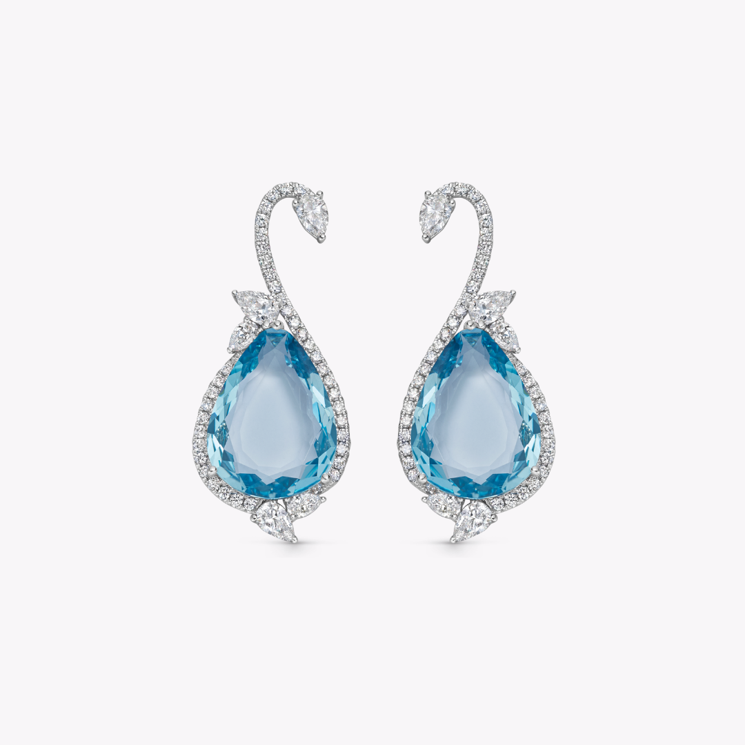 Wings Over Water Pear Aquamarine and Diamond Swan Earrings