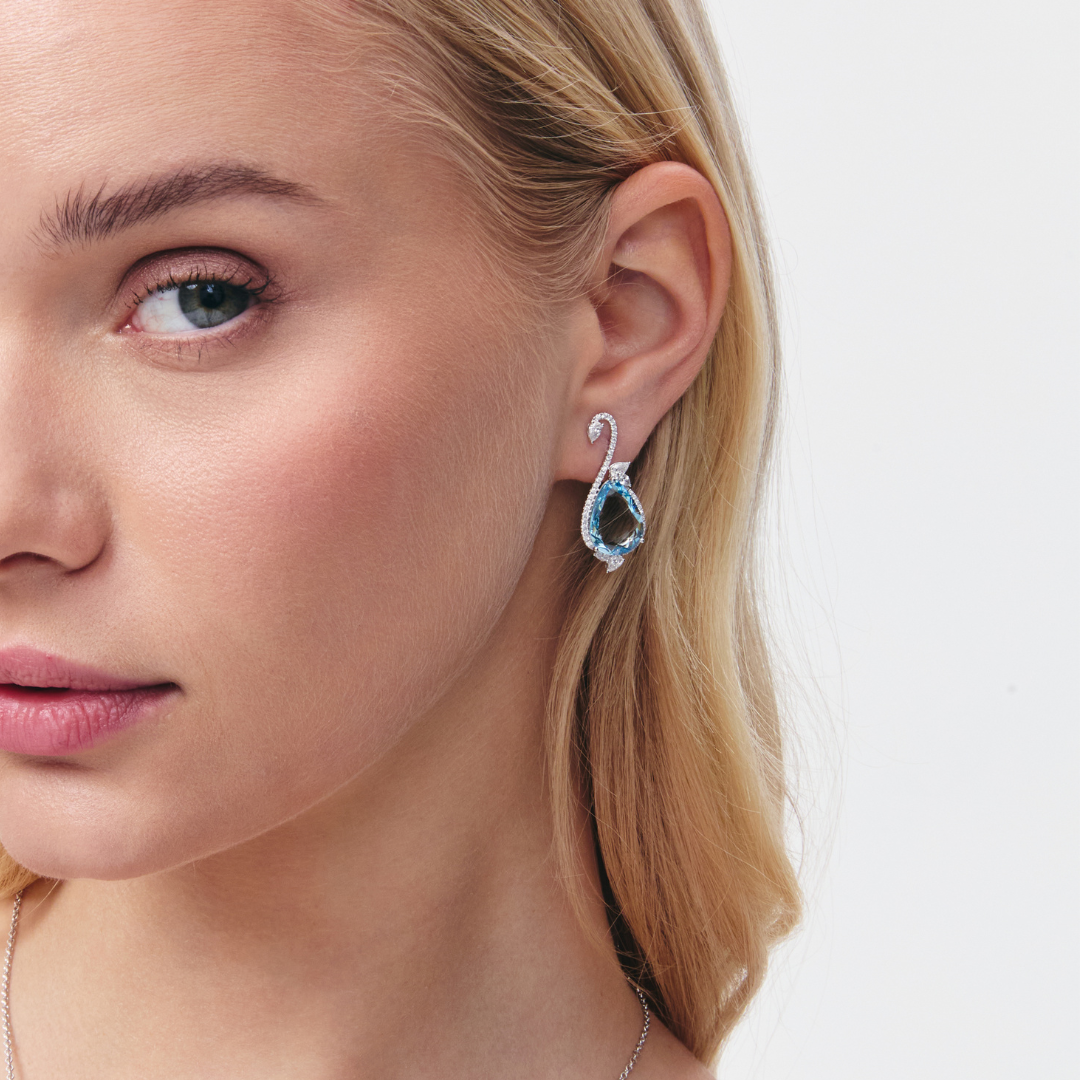 Wings Over Water Pear Aquamarine and Diamond Swan Earrings