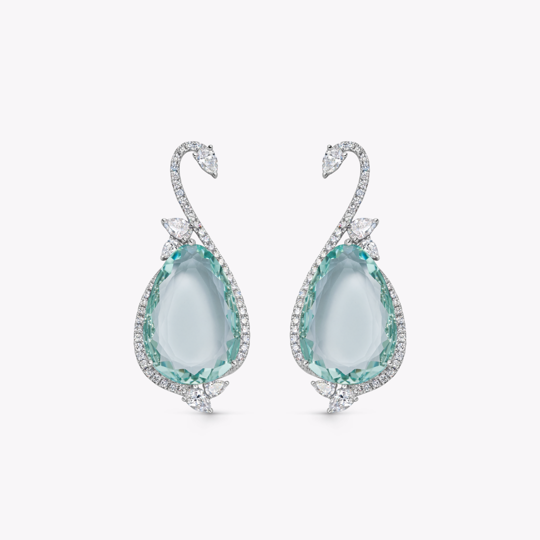 Wings Over Water Pear Green Beryl and Diamond Swan Earrings