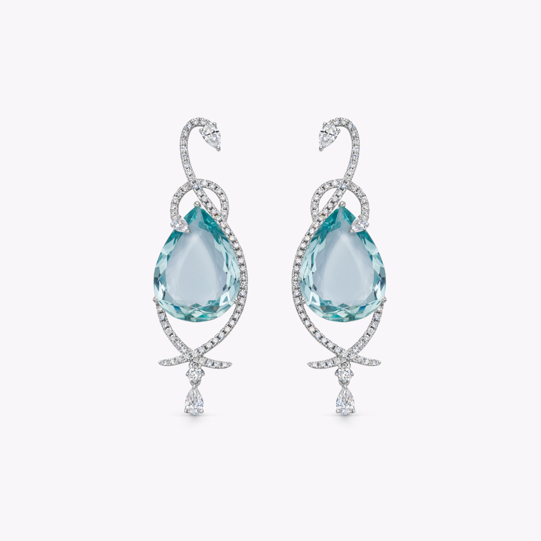 Wings Over Water Pear Aquamarine and Diamond Entwined Swan Earrings