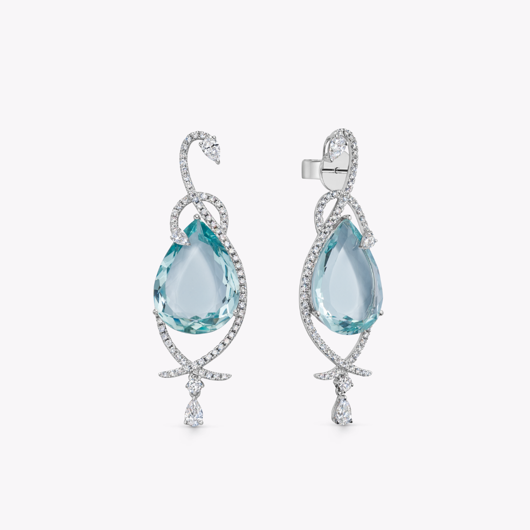 Wings Over Water Pear Aquamarine and Diamond Entwined Swan Earrings