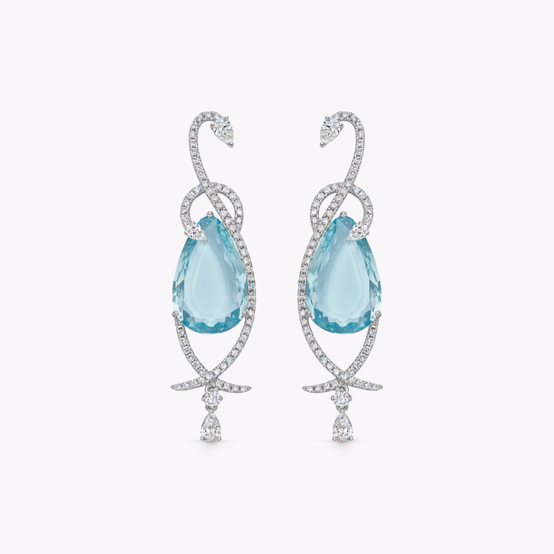 Wings Over Water Elongated Pear Aquamarine and Diamond Entwined Swan Earrings