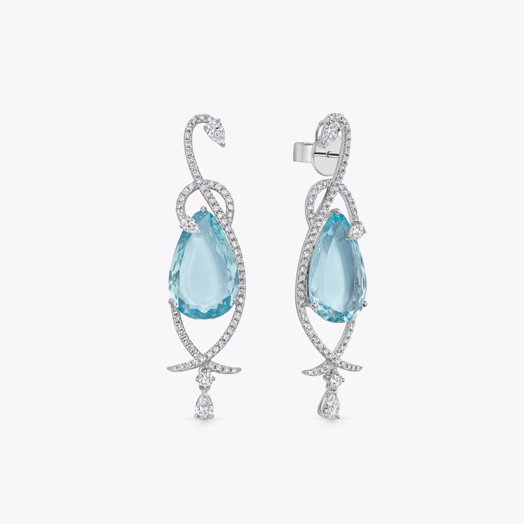Wings Over Water Elongated Pear Aquamarine and Diamond Entwined Swan Earrings