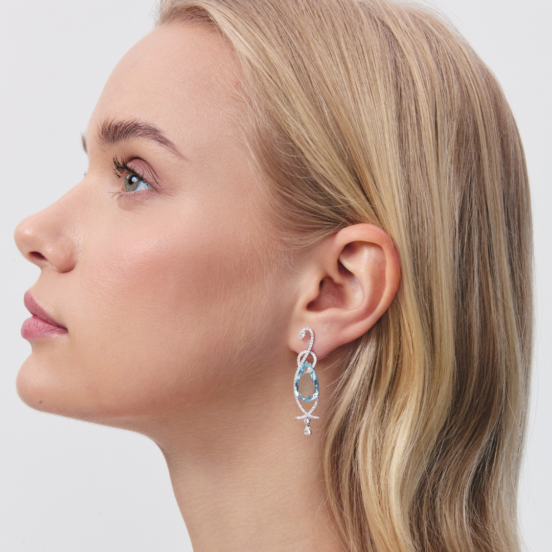 Wings Over Water Elongated Pear Aquamarine and Diamond Entwined Swan Earrings