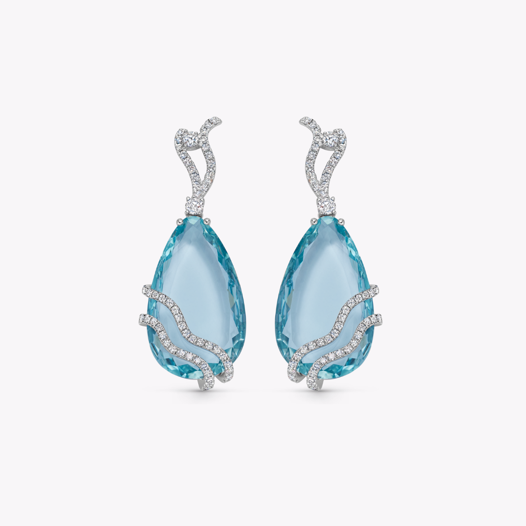 Wings Over Water Pear Aquamarine and Diamond Wave Detail Earrings