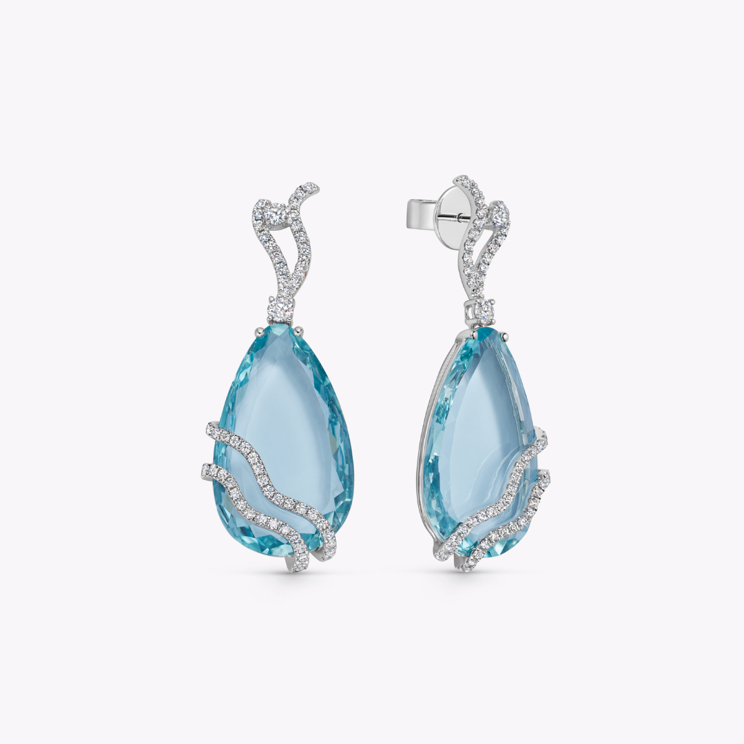 Wings Over Water Pear Aquamarine and Diamond Wave Detail Earrings