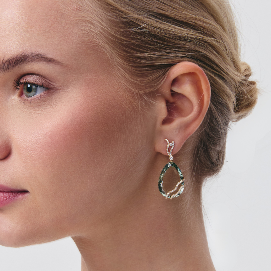 Wings Over Water Pear Green Amethyst and Diamond Wave Detail Earrings
