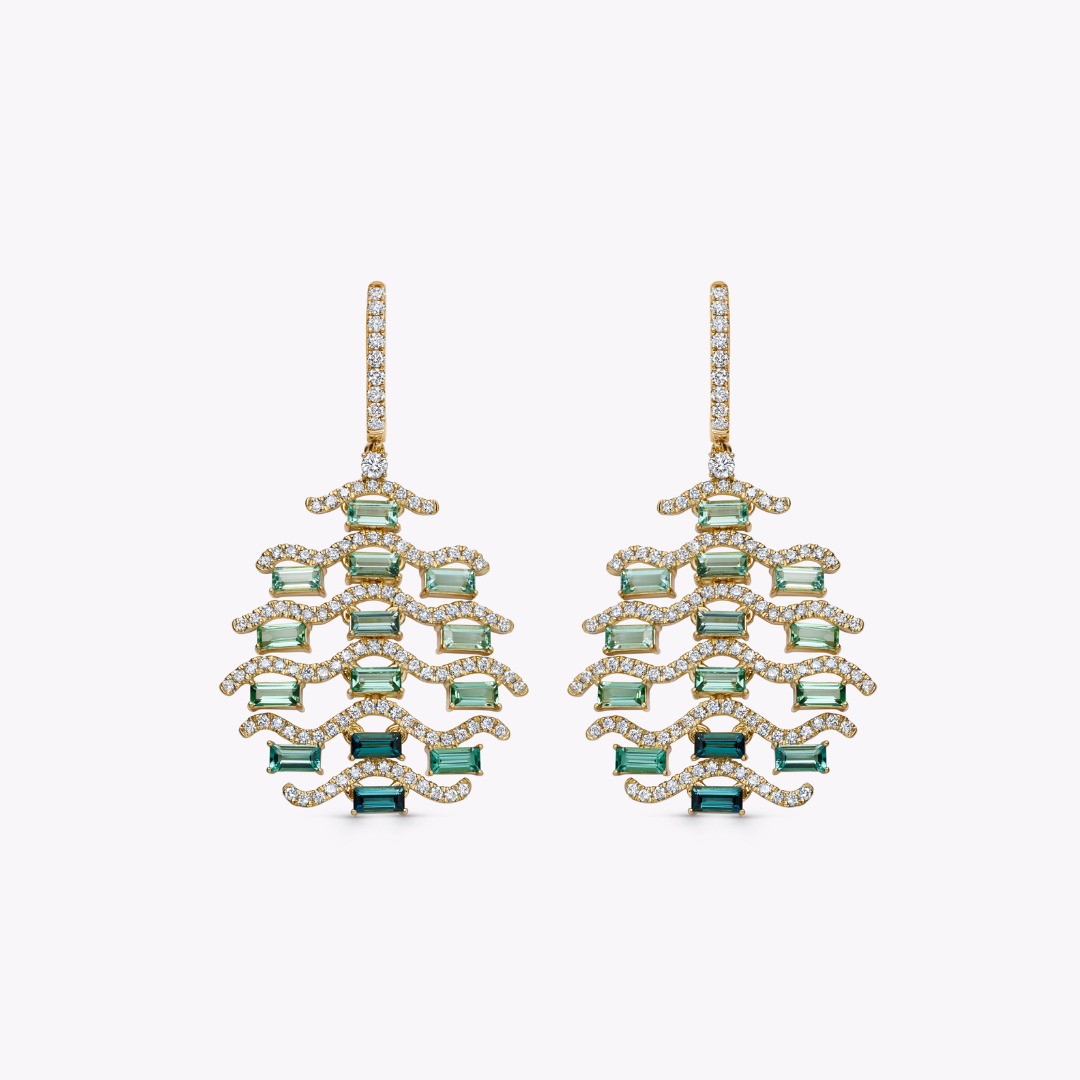 Wings Over Water Graduated Green Tourmaline and Diamond Wave Detail Earrings
