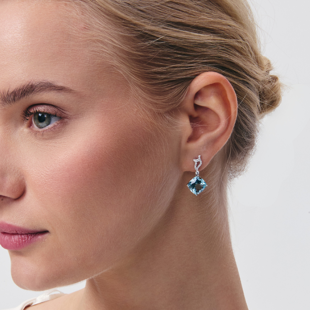 Wings Over Water Cushion Aquamarine and Diamond Wave Detail Earrings