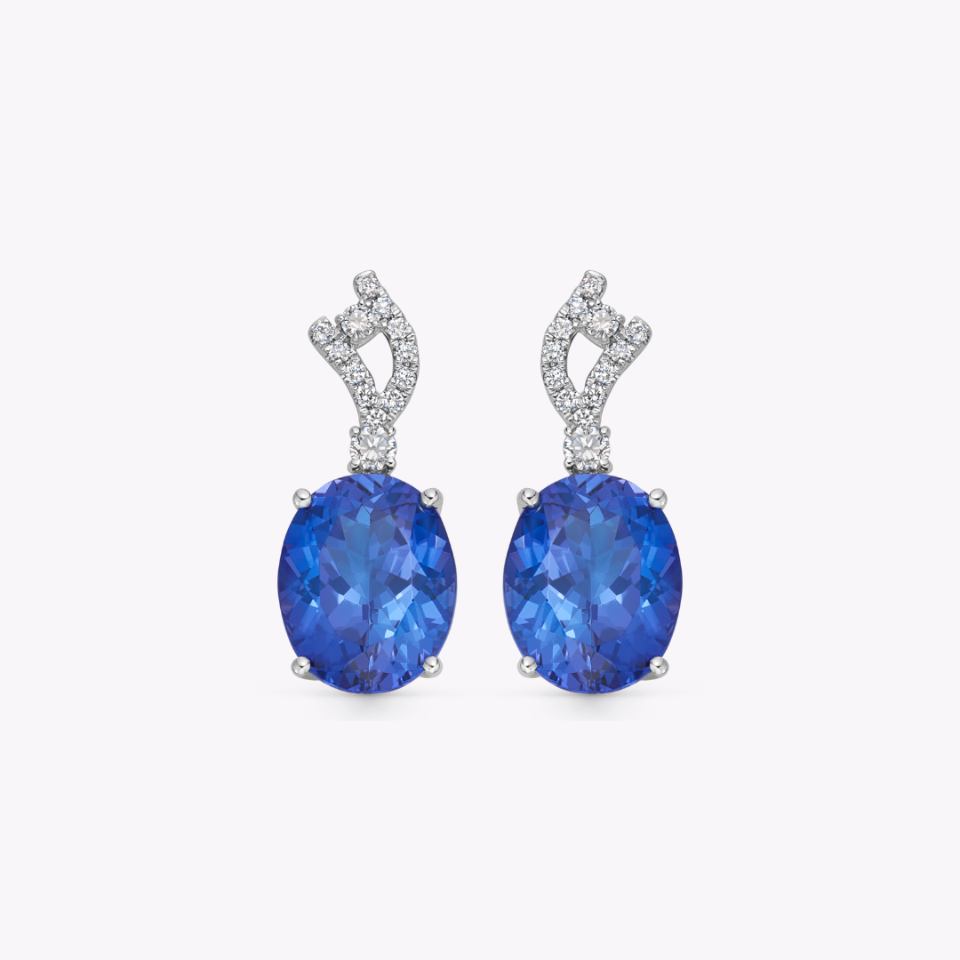 Wings Over Water Oval Tanzanite and Diamond Wave Detail Earrings