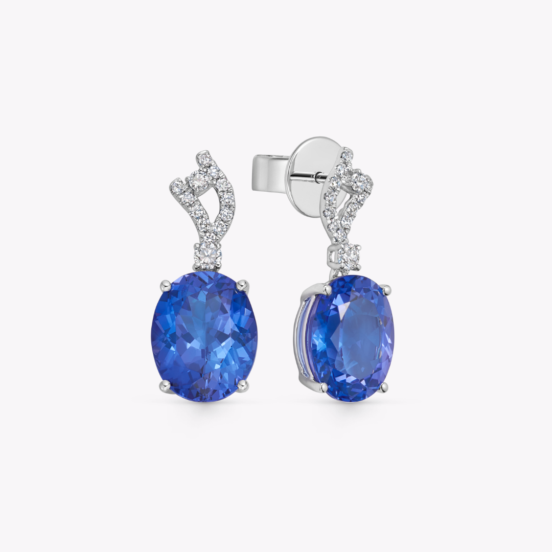 Wings Over Water Oval Tanzanite and Diamond Wave Detail Earrings