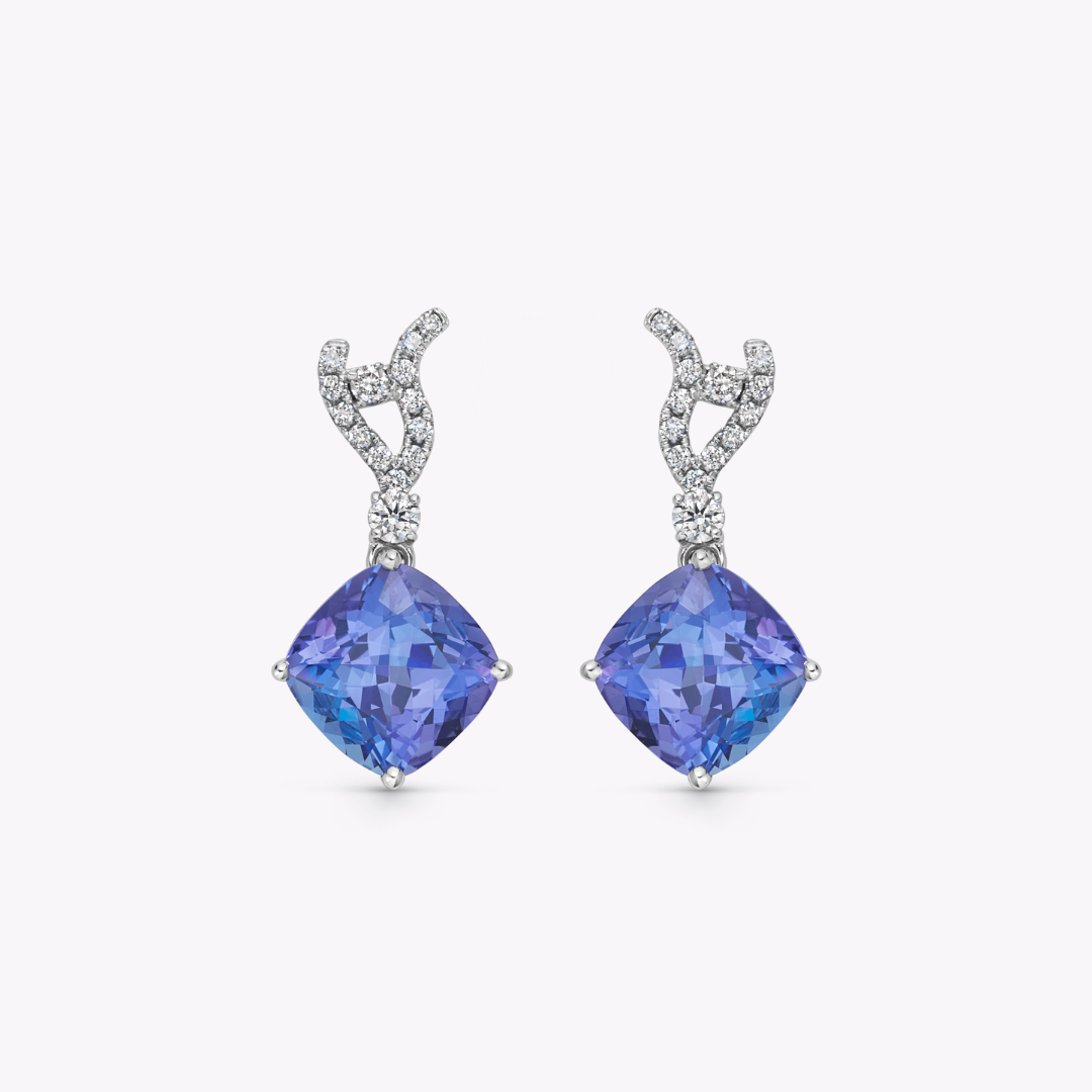 Wings Over Water Cushion Tanzanite and Diamond Wave Detail Earrings
