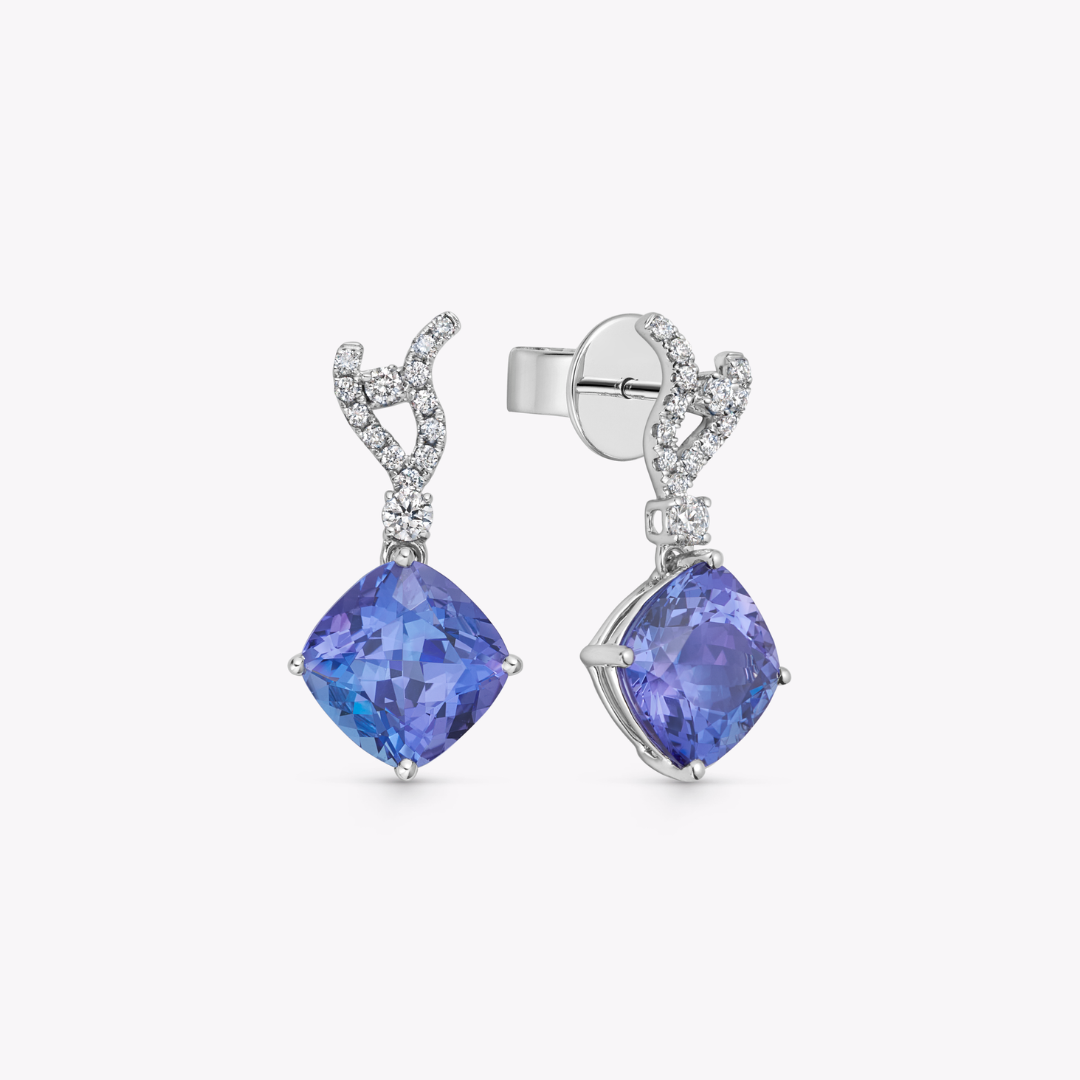 Wings Over Water Cushion Tanzanite and Diamond Wave Detail Earrings